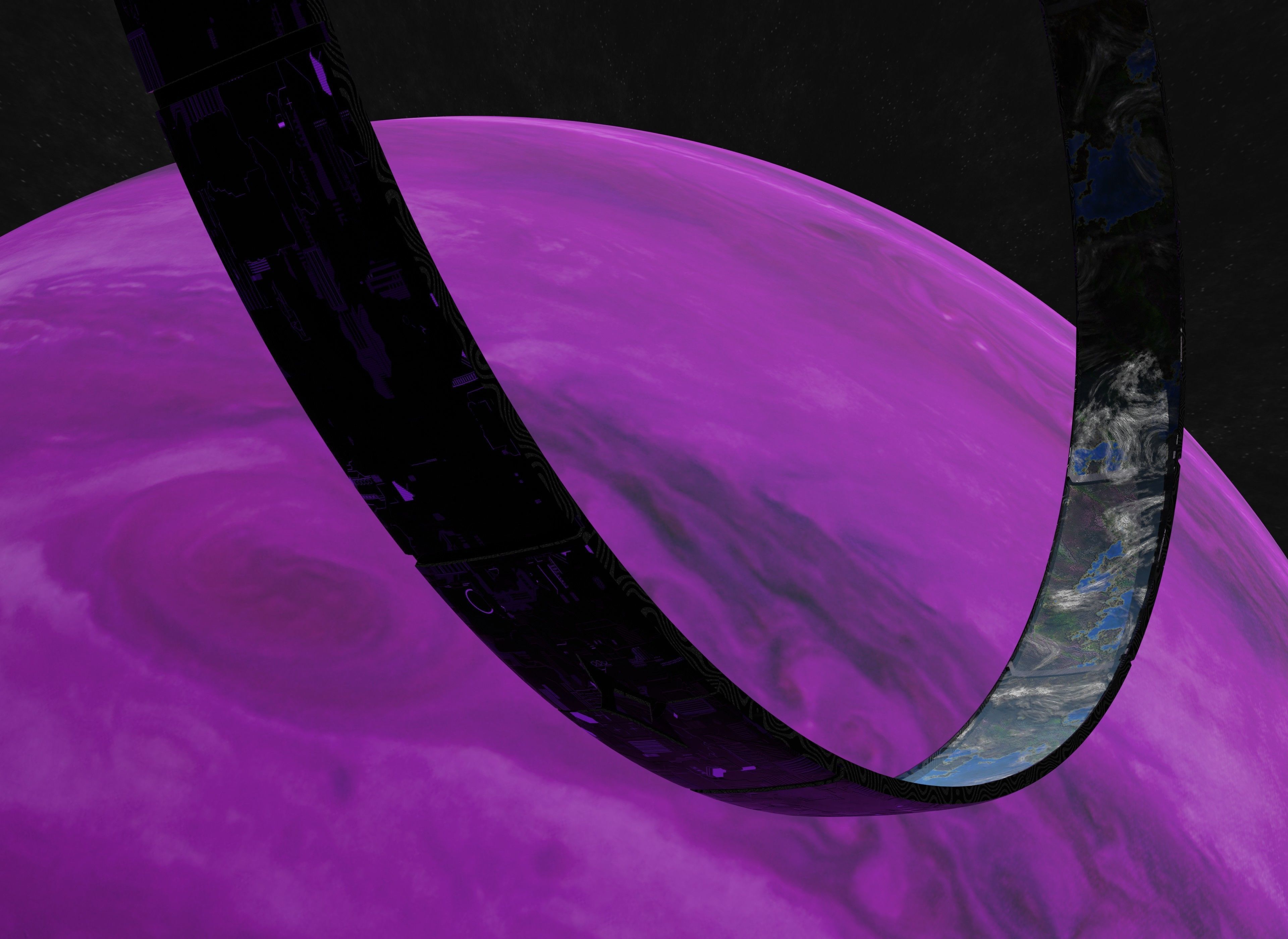Black rotating space habitat with green purple gas giant 3D Model Collection_7