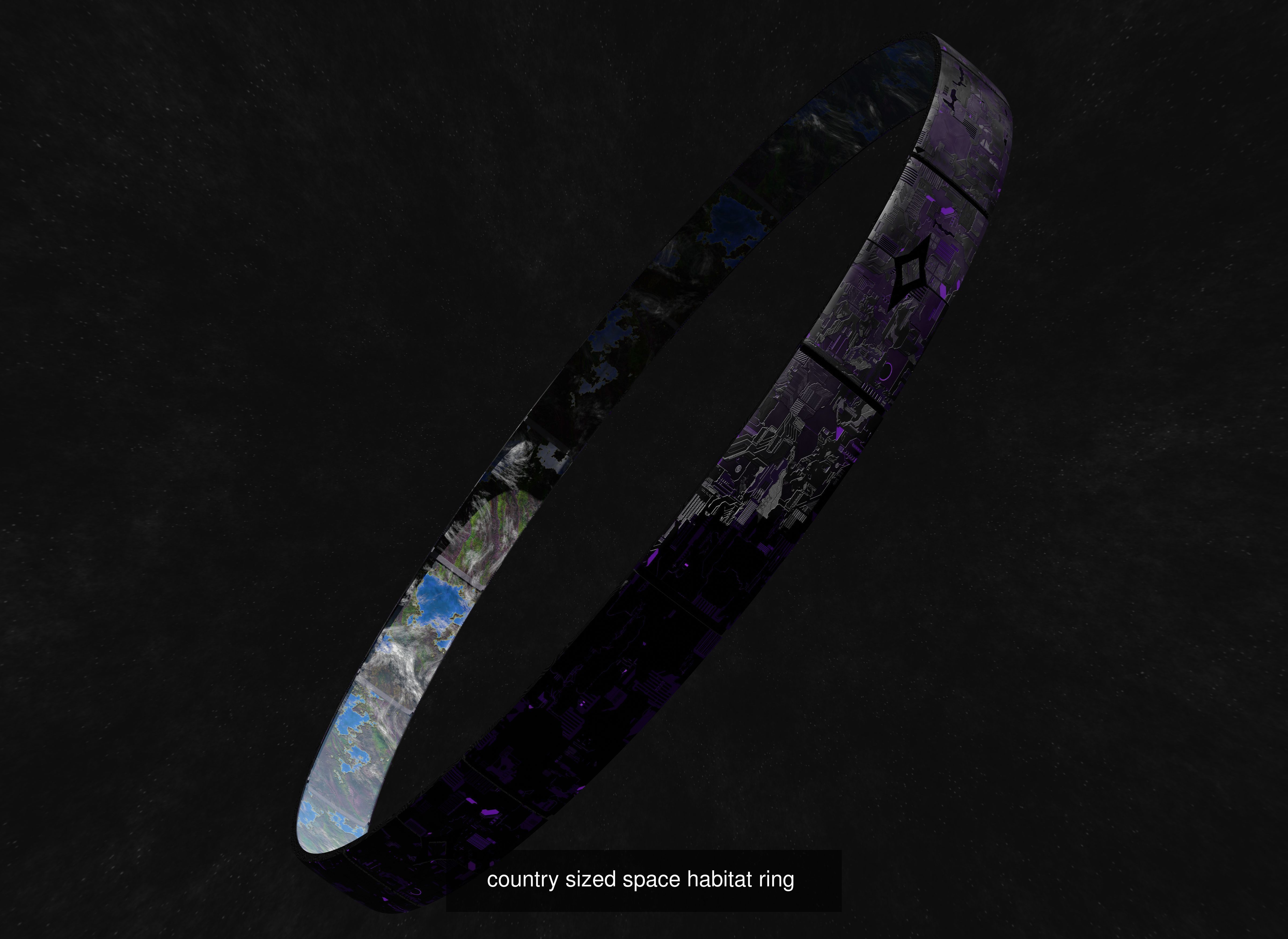 Black rotating space habitat with green purple gas giant 3D Model Collection_4