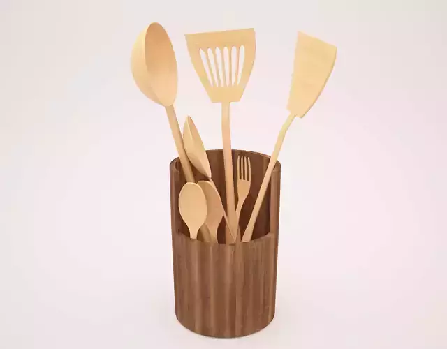 UTENSILS SET of kitchen in wooden container 3D print model