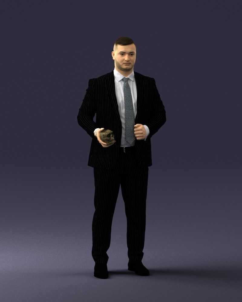 000292 Man in Pinstripe Suit Holding Skull 1004 3D model_4