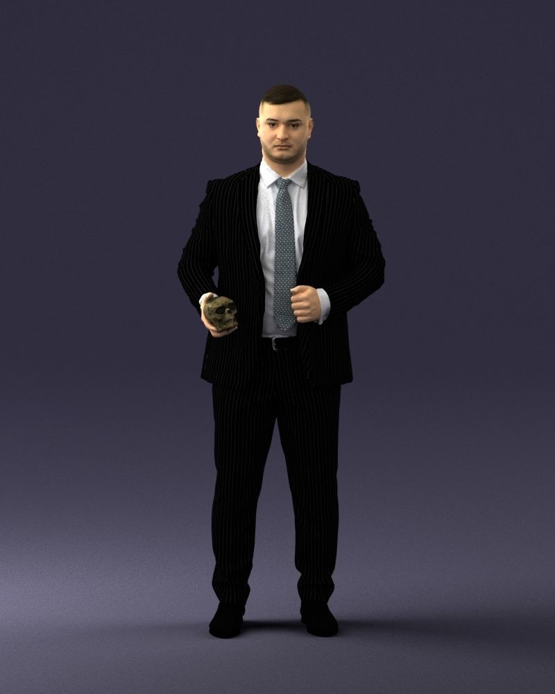 000292 Man in Pinstripe Suit Holding Skull 1004 3D model_34