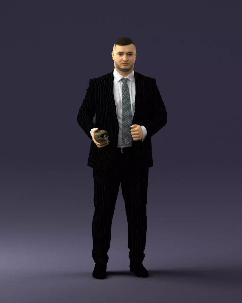 000292 Man in Pinstripe Suit Holding Skull 1004 3D model_0