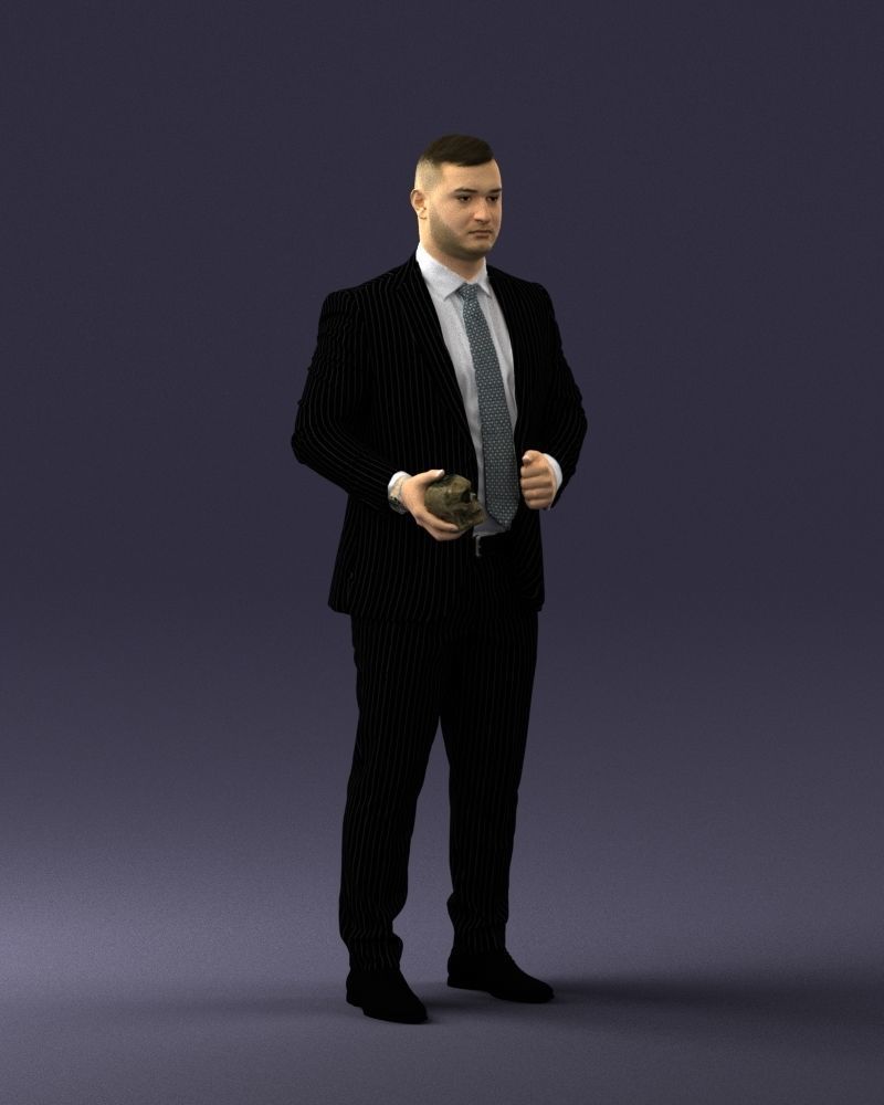 000292 Man in Pinstripe Suit Holding Skull 1004 3D model_7