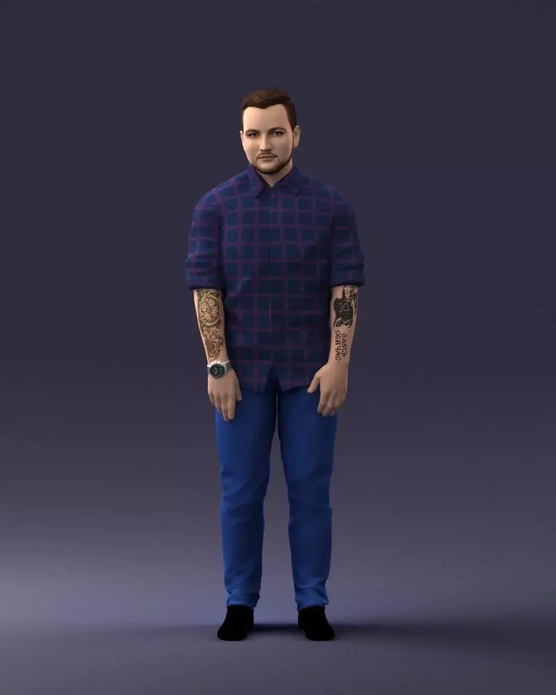 000222 Tattooed Man in Blue Checkered Shirt 1121 3D print model