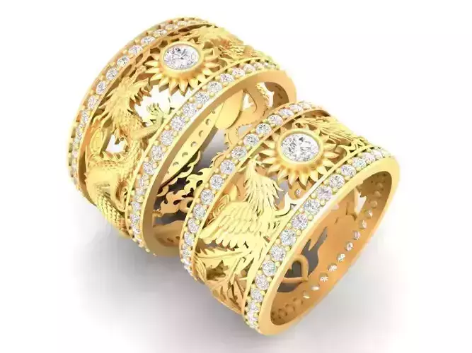 Luxury Dragon and Phoenix Couple Ring Set 3D Model 565