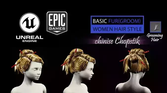 chinise Chopstik HairStyle Groom For UE4 Low-poly 3D model
