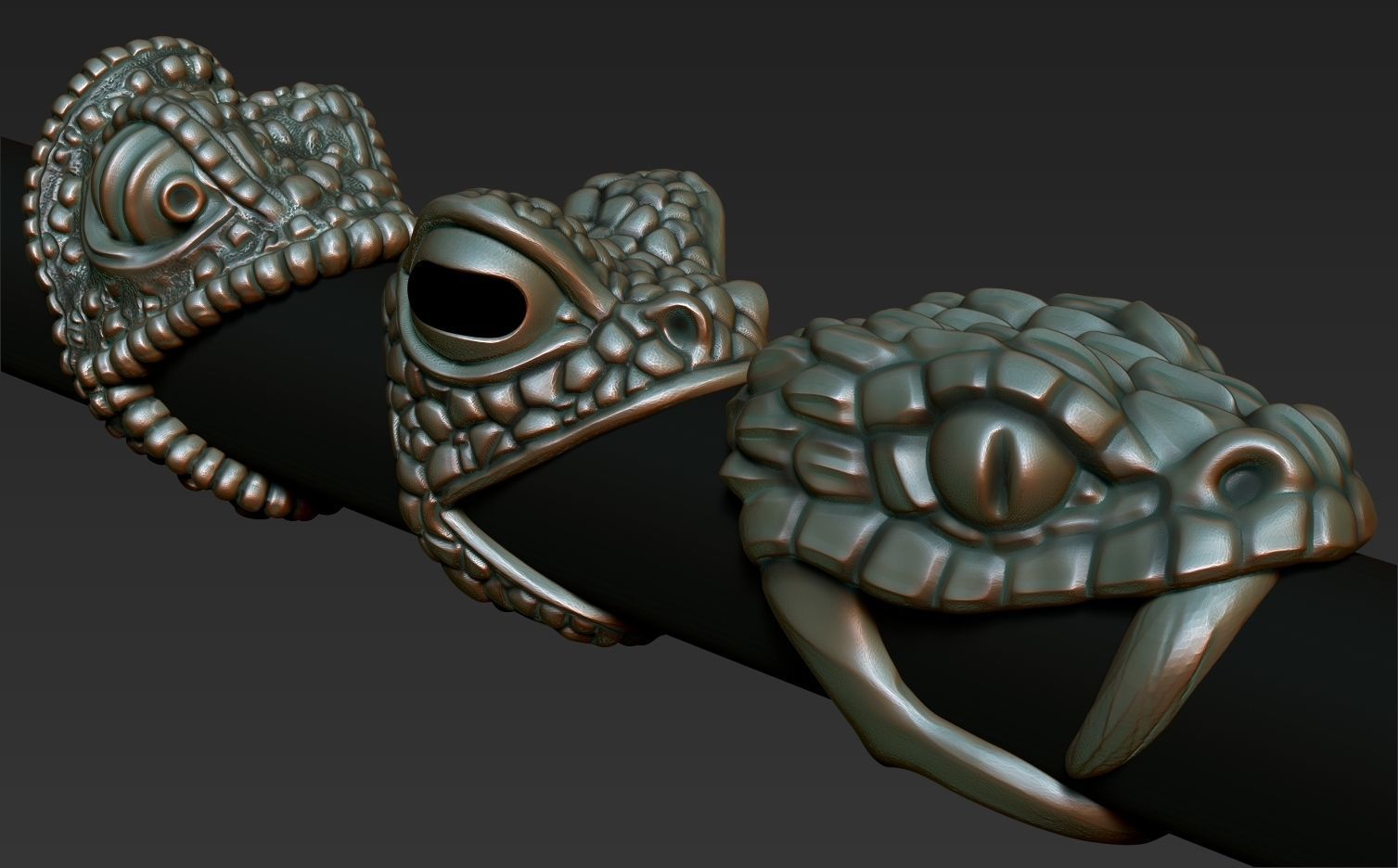 reptiles three snake shaped rings on metal rod 3D print model_9