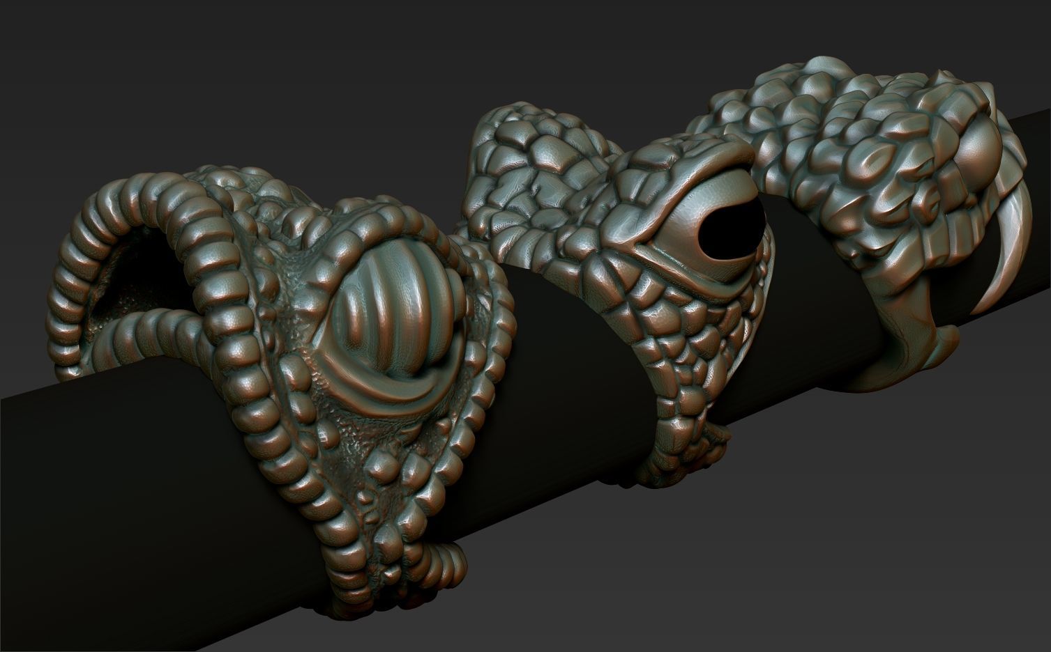 reptiles three snake shaped rings on metal rod 3D print model_8