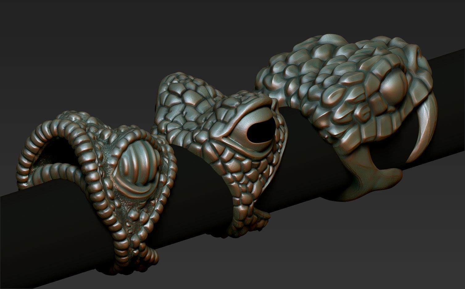 reptiles three snake shaped rings on metal rod 3D print model_7