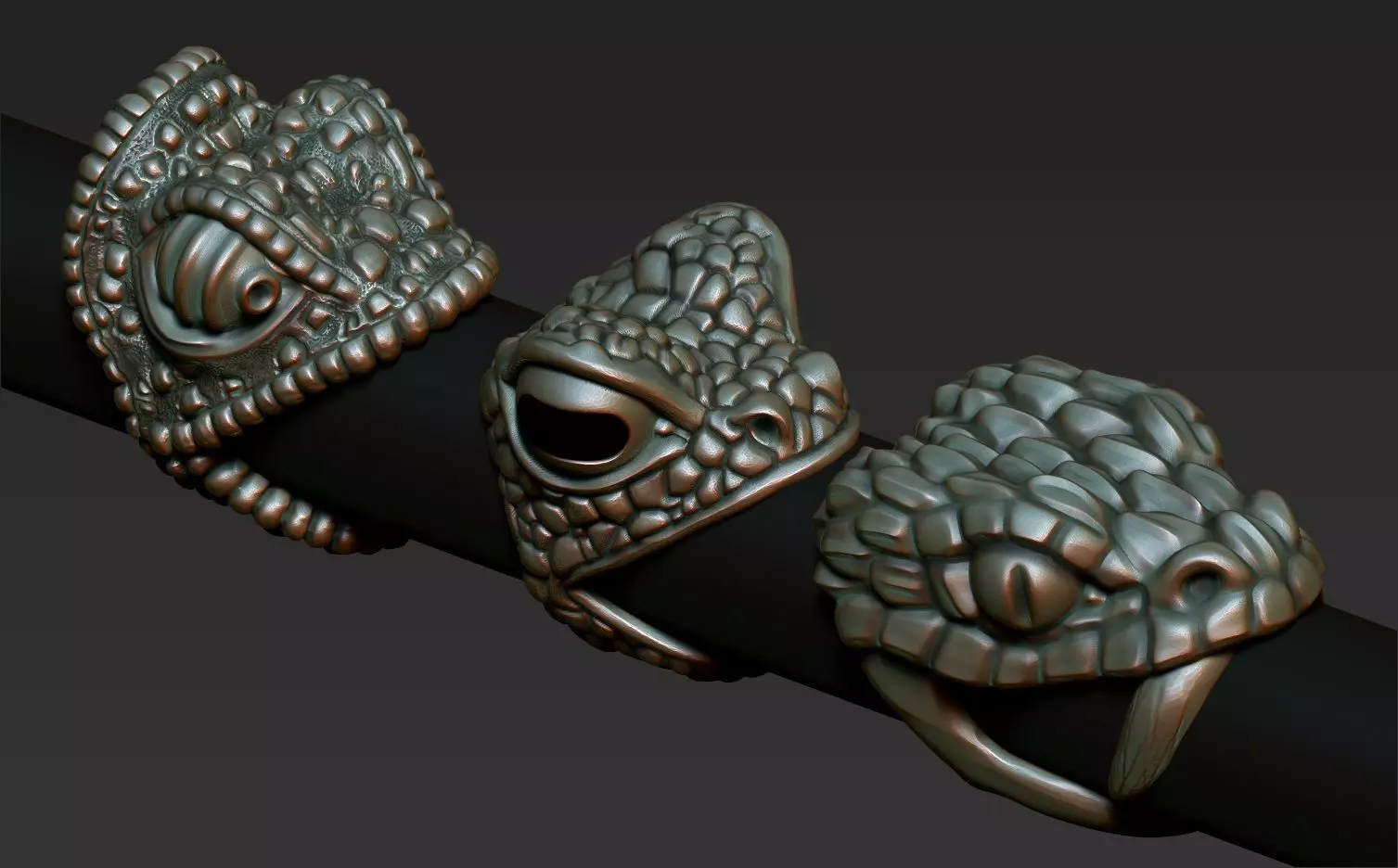 reptiles three snake shaped rings on metal rod 3D print model_0