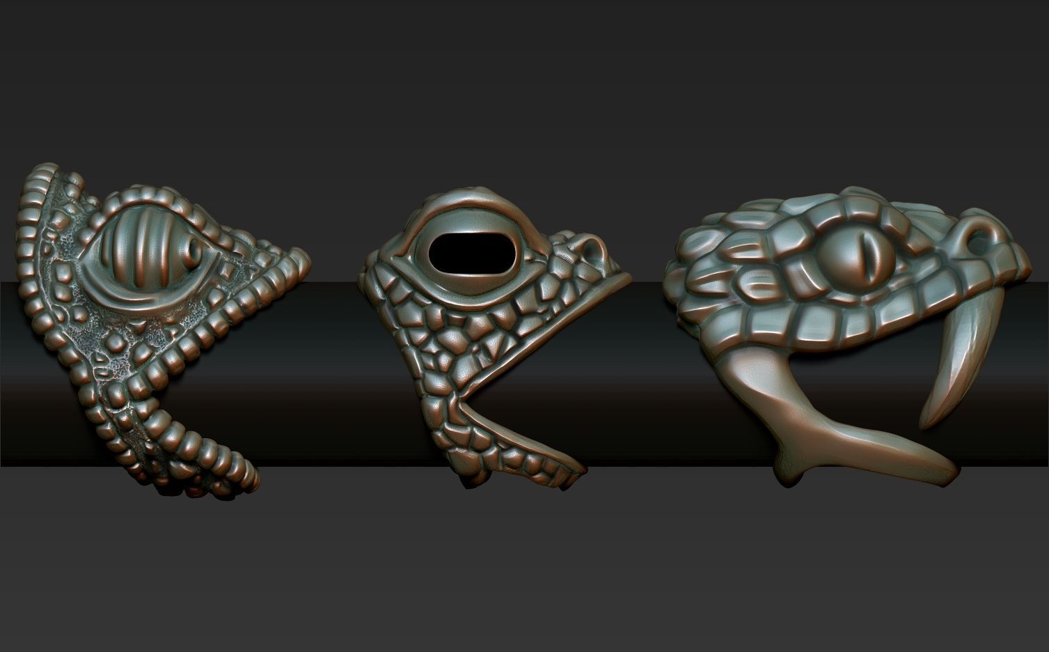 reptiles three snake shaped rings on metal rod 3D print model_4