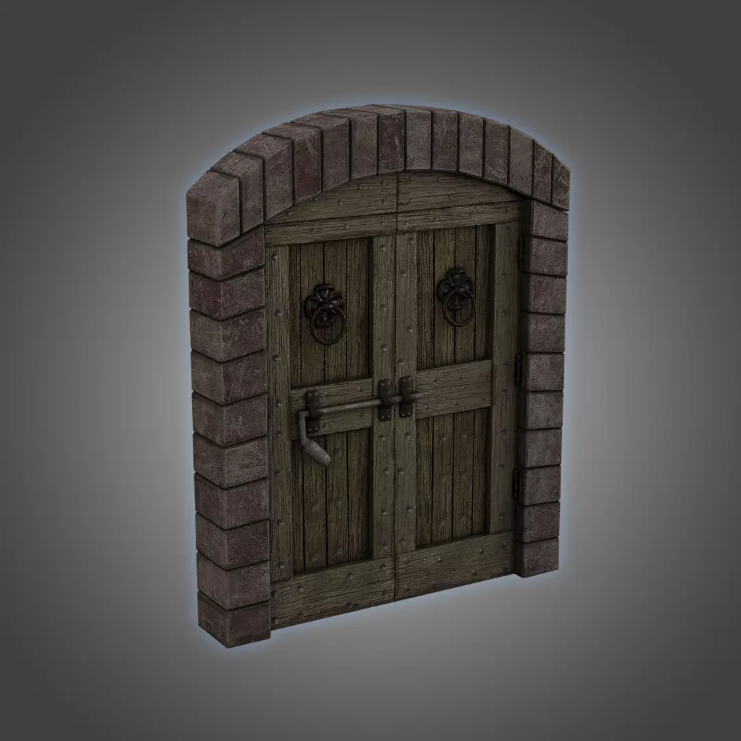 Medieval Double Door With Onate Knockers 3D Model Low-poly 3D model_0