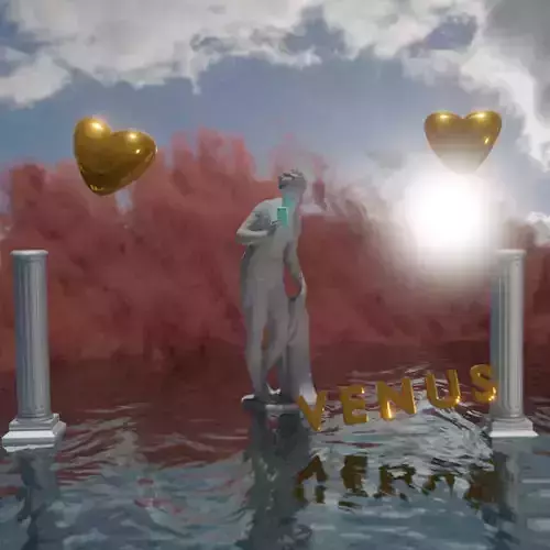 VENUS statue in water with gold hearts
