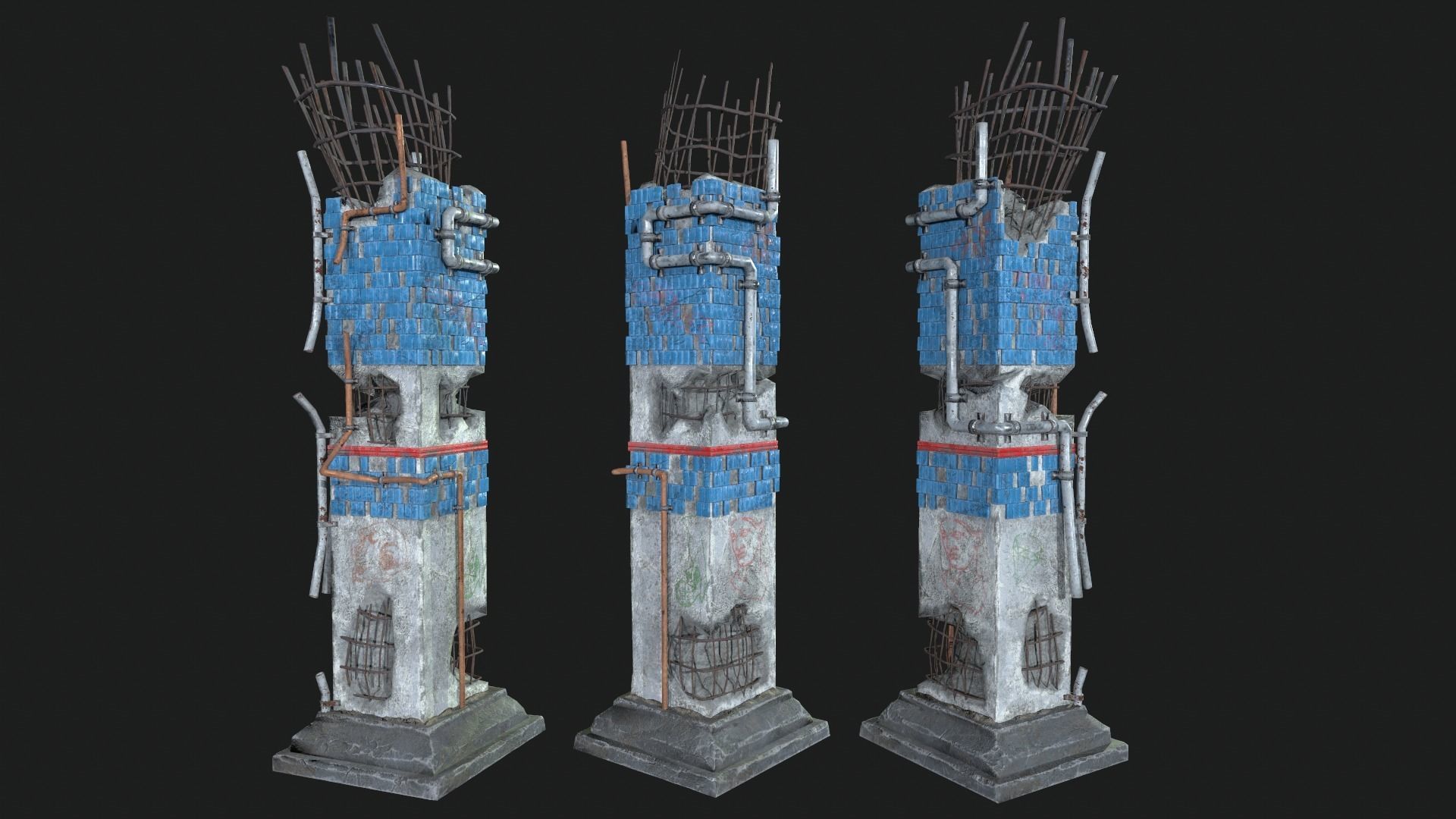 Post Apocalipsis Subway Column Low-poly 3D model_2