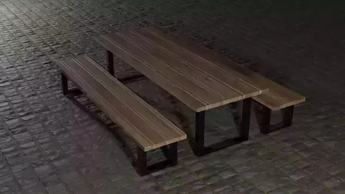 Table and two benches Low-poly 
