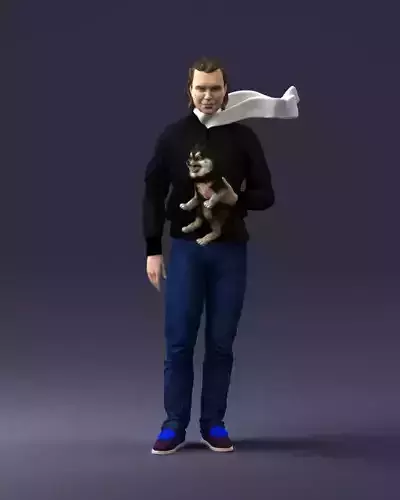 000142 Man Holding Dog with Scarf Blowing in Wind 0626