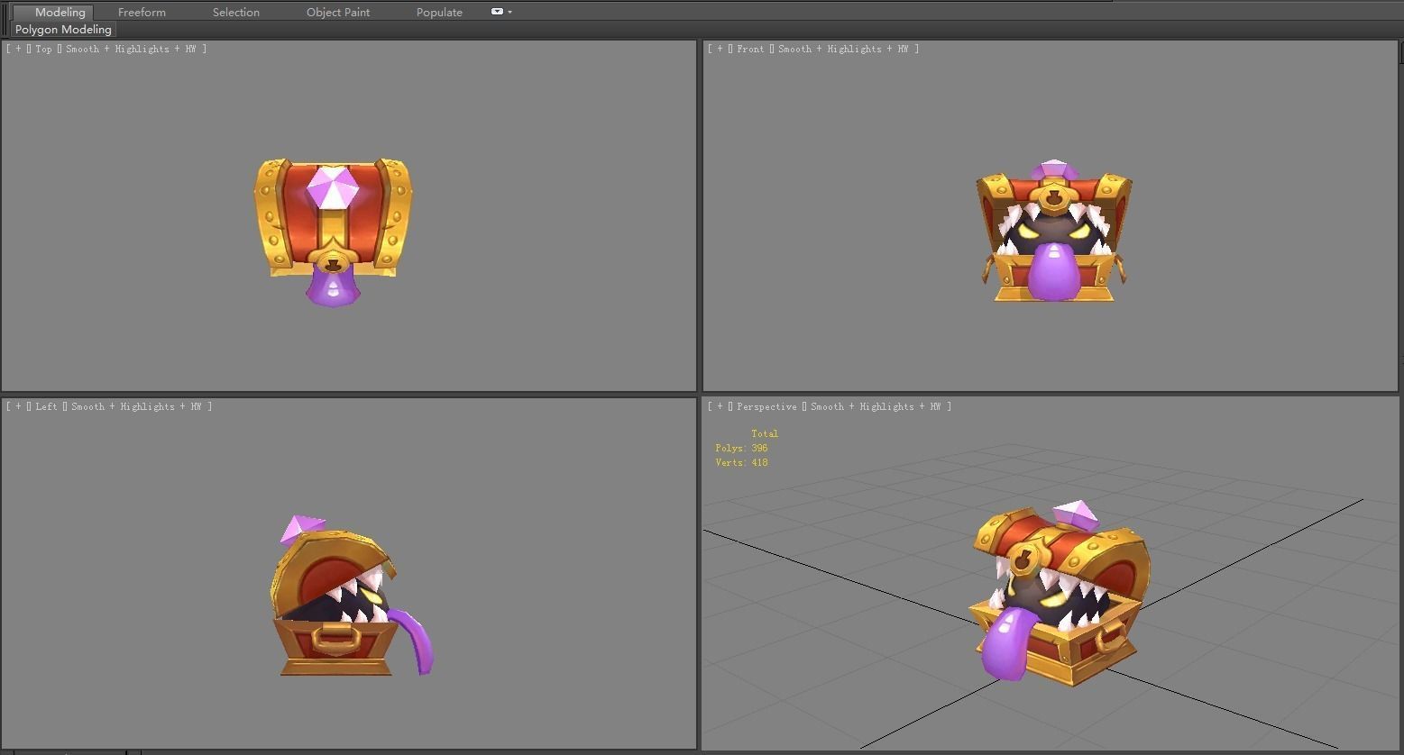 Cartoon treasure chest monster Low-poly 3D model_4