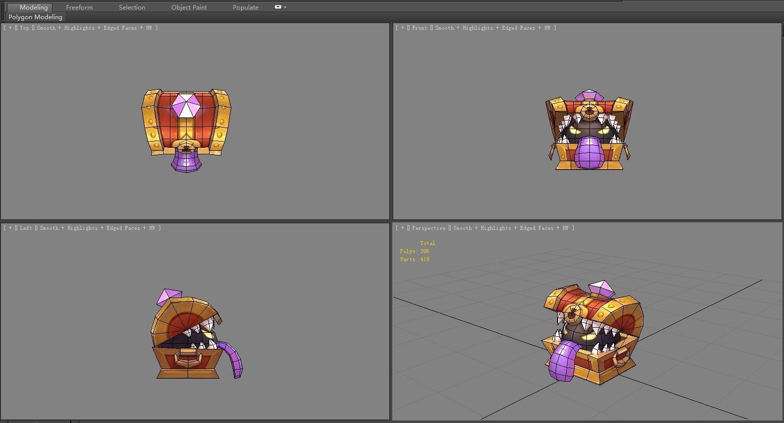 Cartoon treasure chest monster Low-poly 3D model_5
