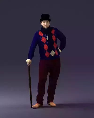 Male in a top hat with a walking stick 0140 3D model