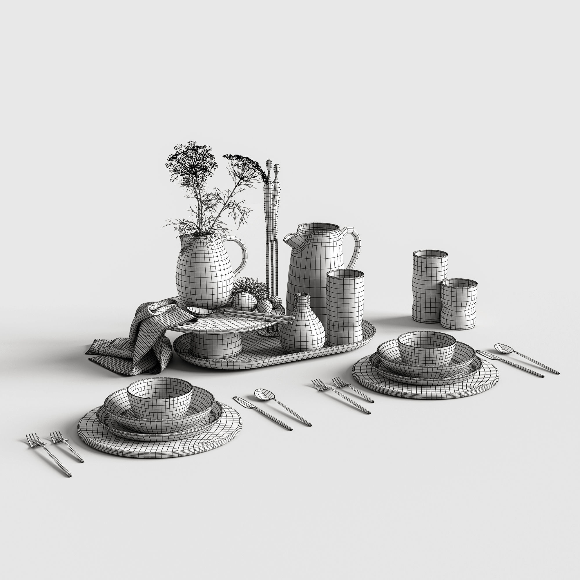 Table setting in white colors 3D model_5