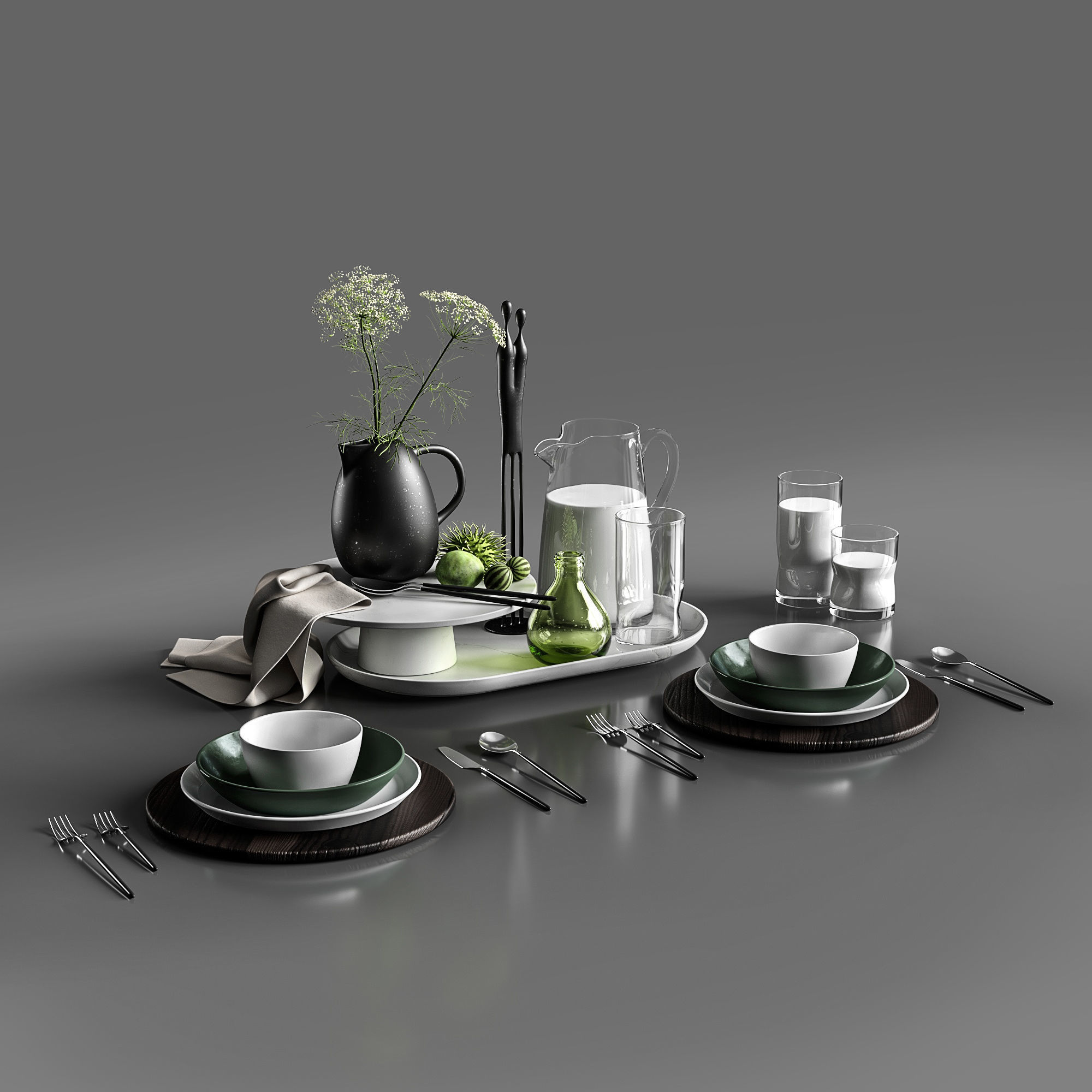 Table setting in white colors 3D model_4