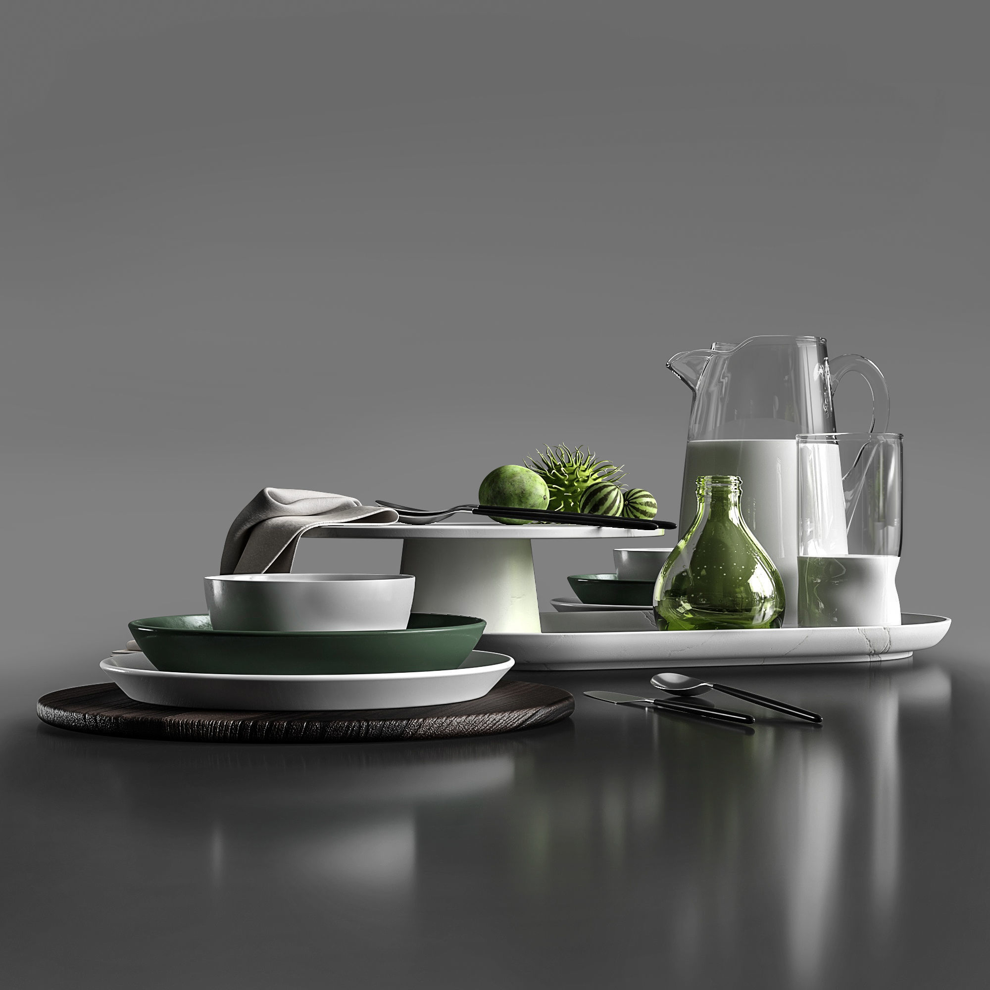 Table setting in white colors 3D model_3