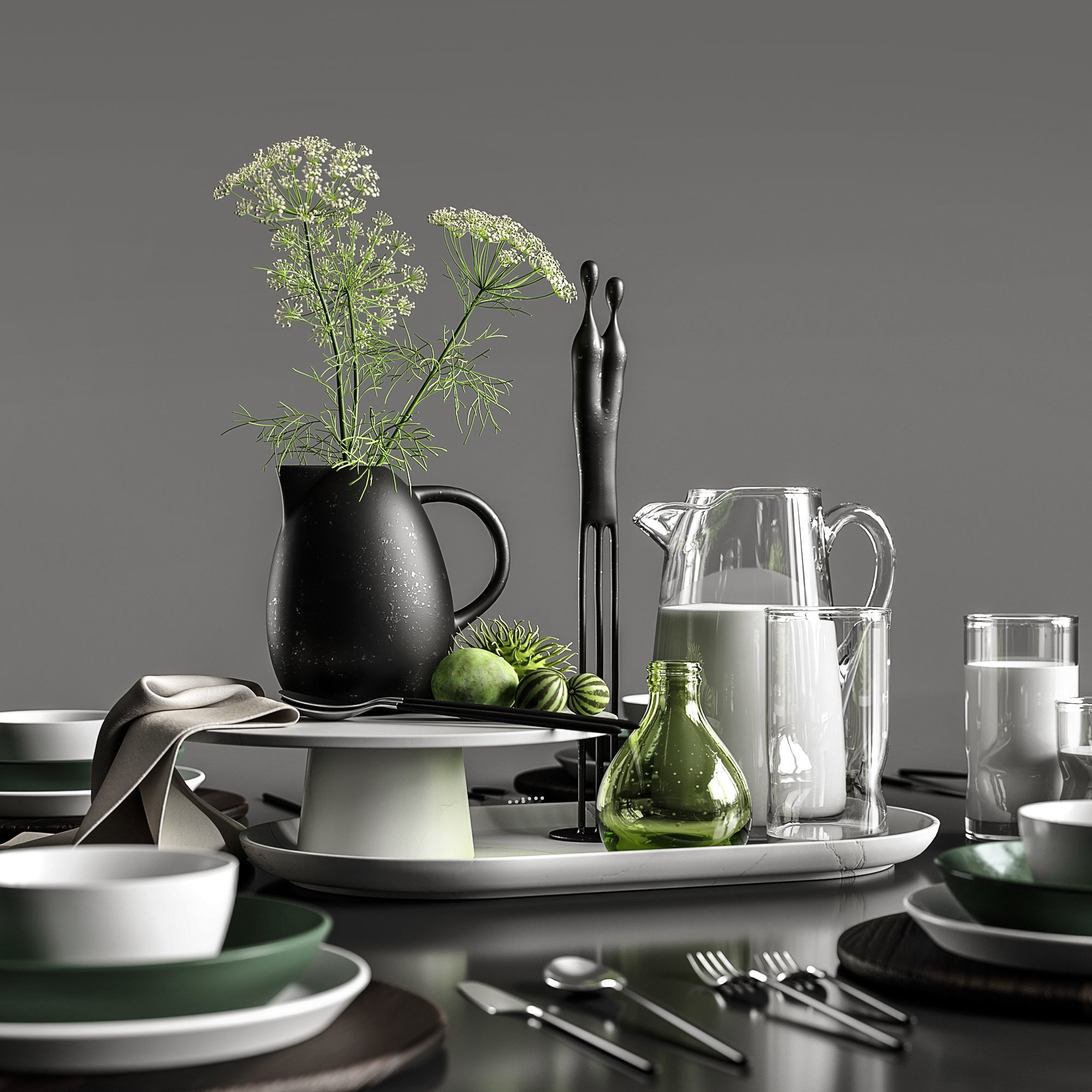 Table setting in white colors 3D model_1