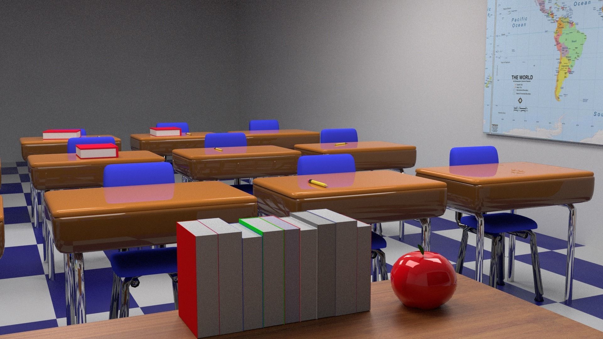 Classroom with desks and chairs 3D model_1