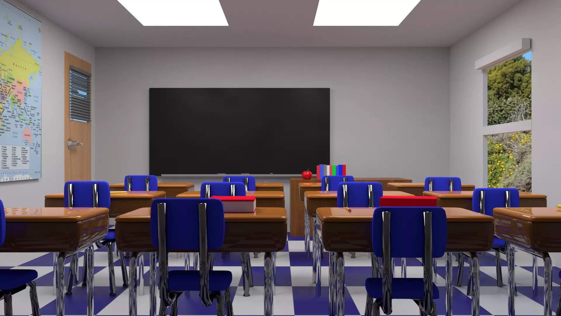 Classroom with desks and chairs 3D model_0