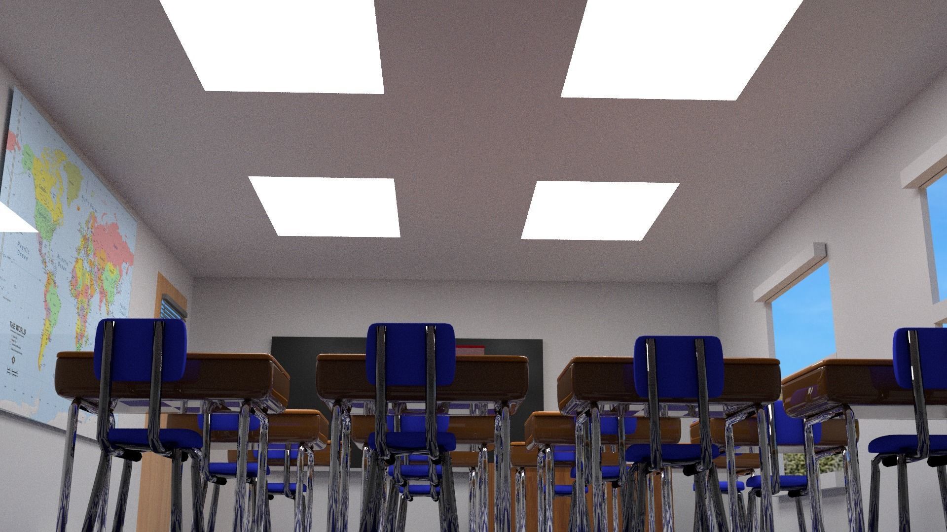 Classroom with desks and chairs 3D model_2
