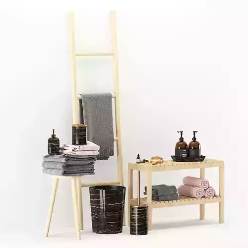 bathroom set wooden shelf with soap and towels