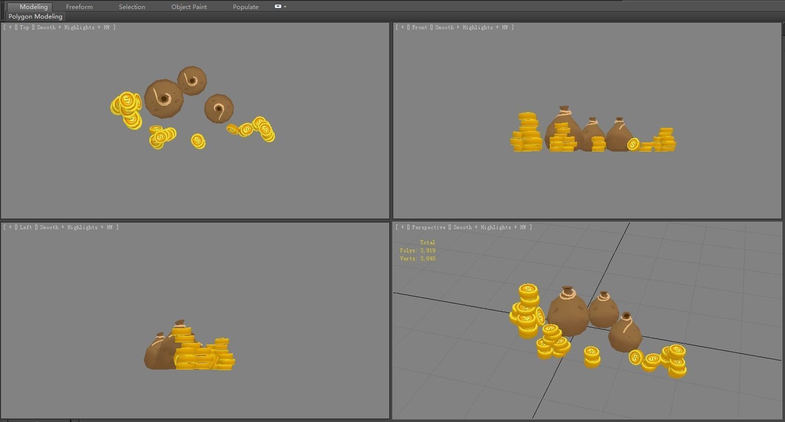 Cartoon gold coins and money bag Low-poly 3D model_3