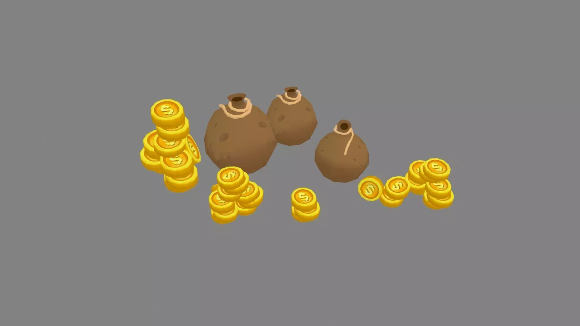 Cartoon gold coins and money bag Low-poly 3D model_0