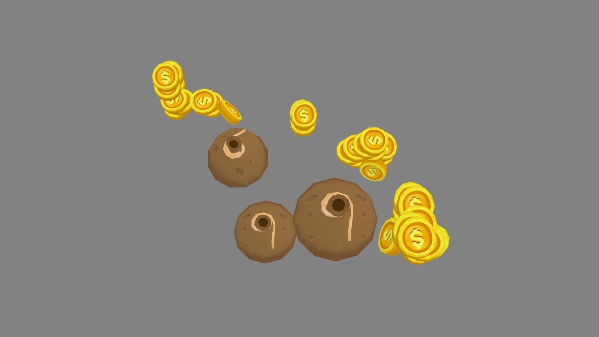 Cartoon gold coins and money bag Low-poly 3D model_2