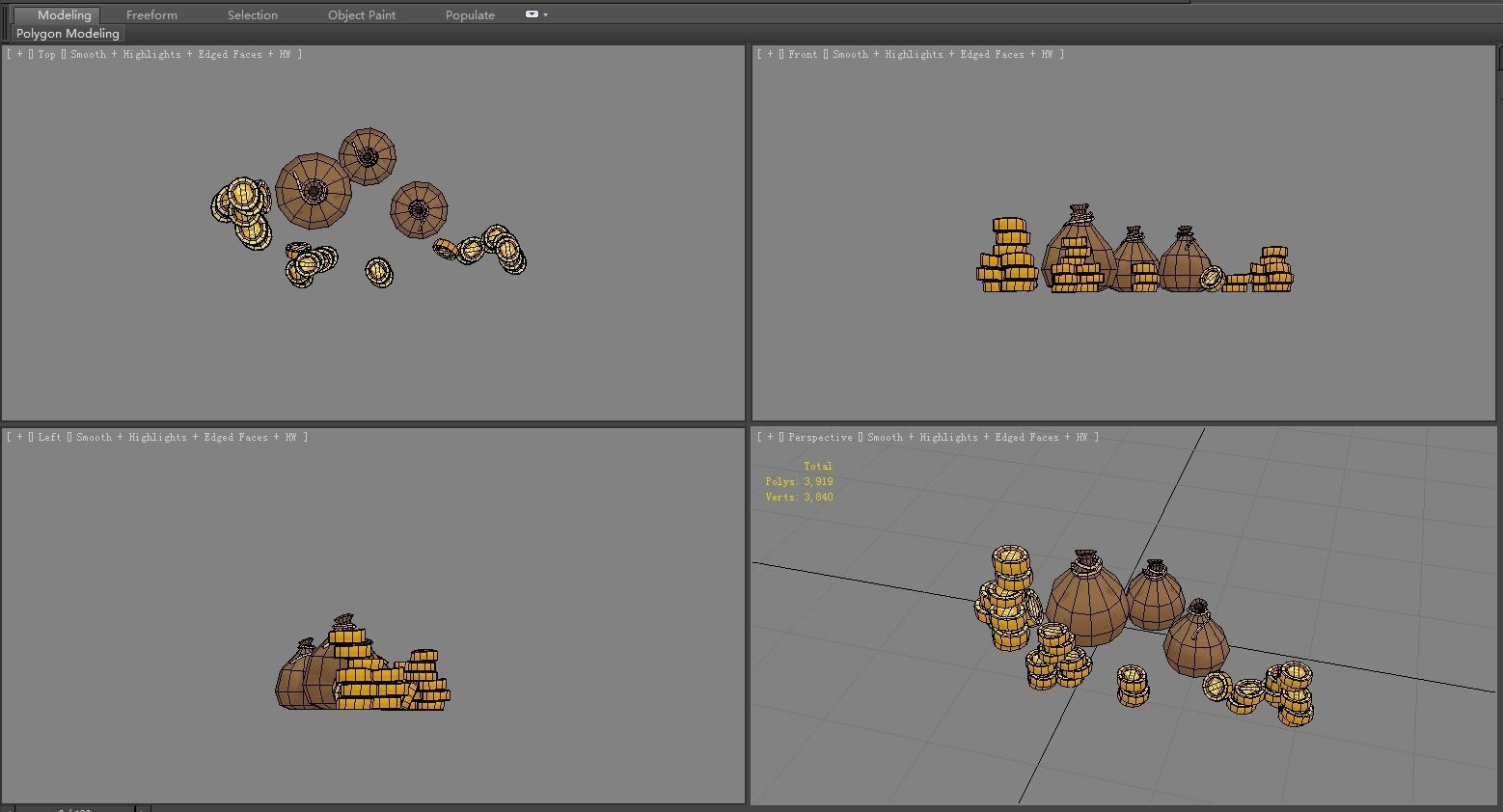 Cartoon gold coins and money bag Low-poly 3D model_4