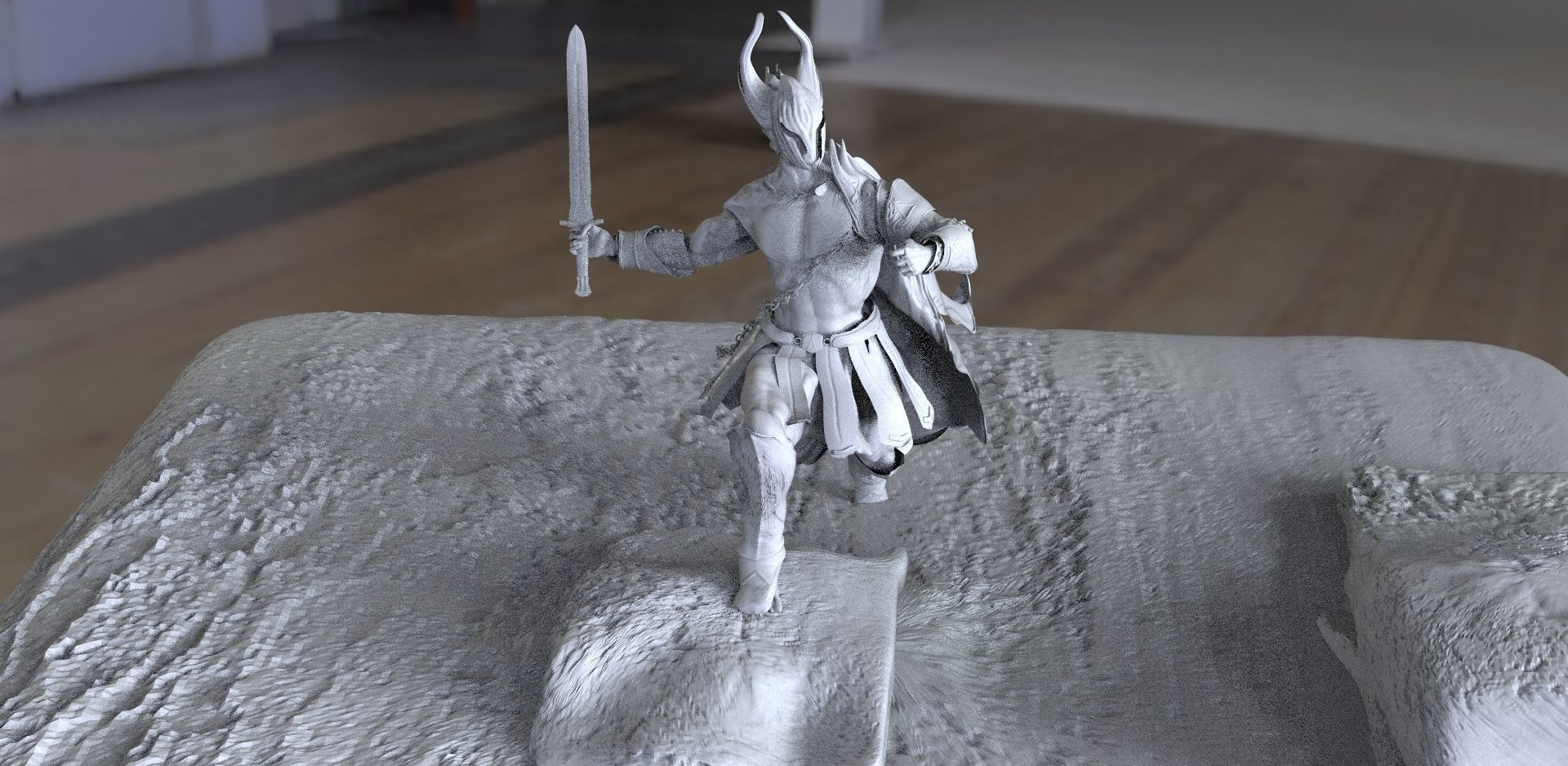 Hades paper sculpture of man holding sword 3D model_3