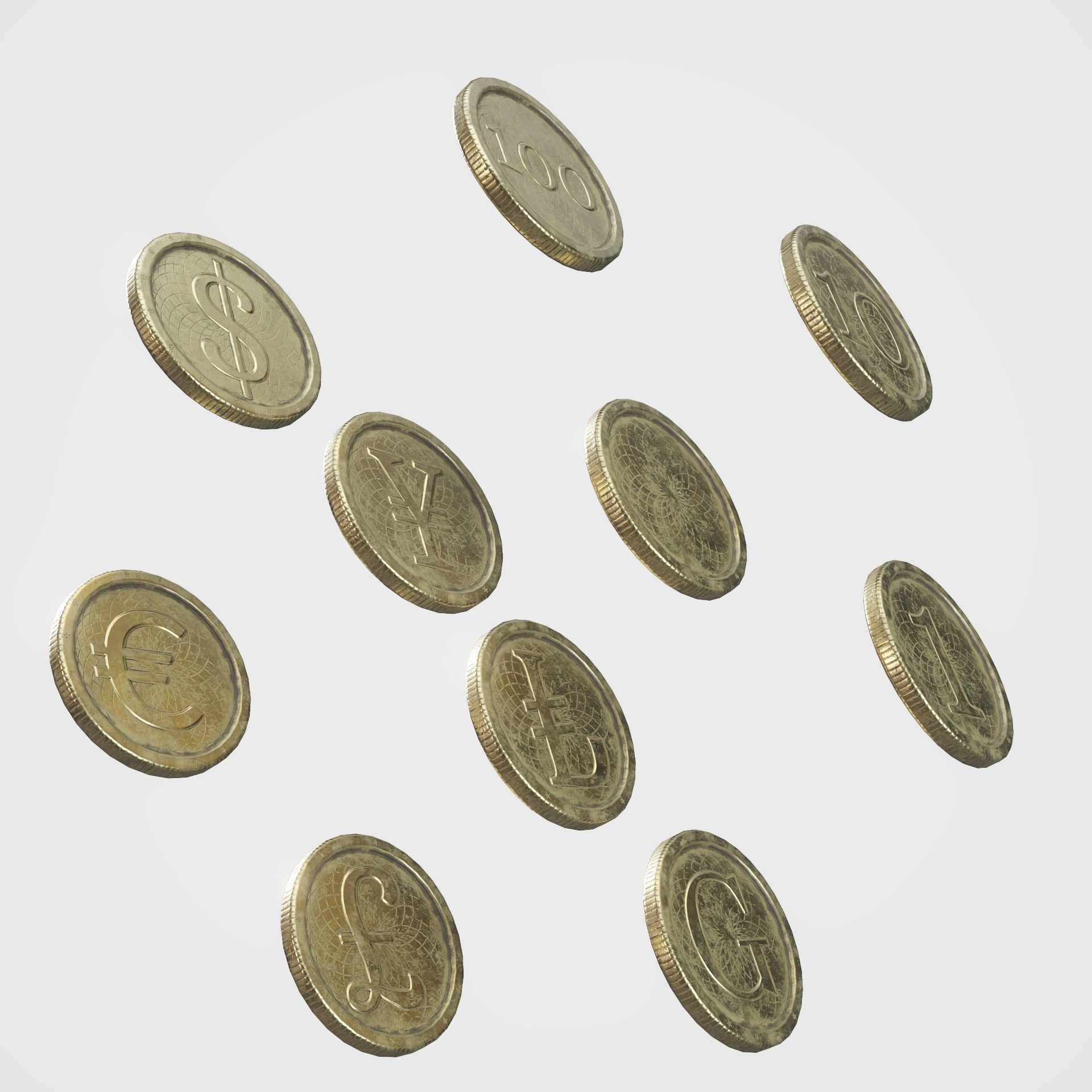 Old Gold Coin with 10 different PBR textures and 3 color Low-poly 3D model_7