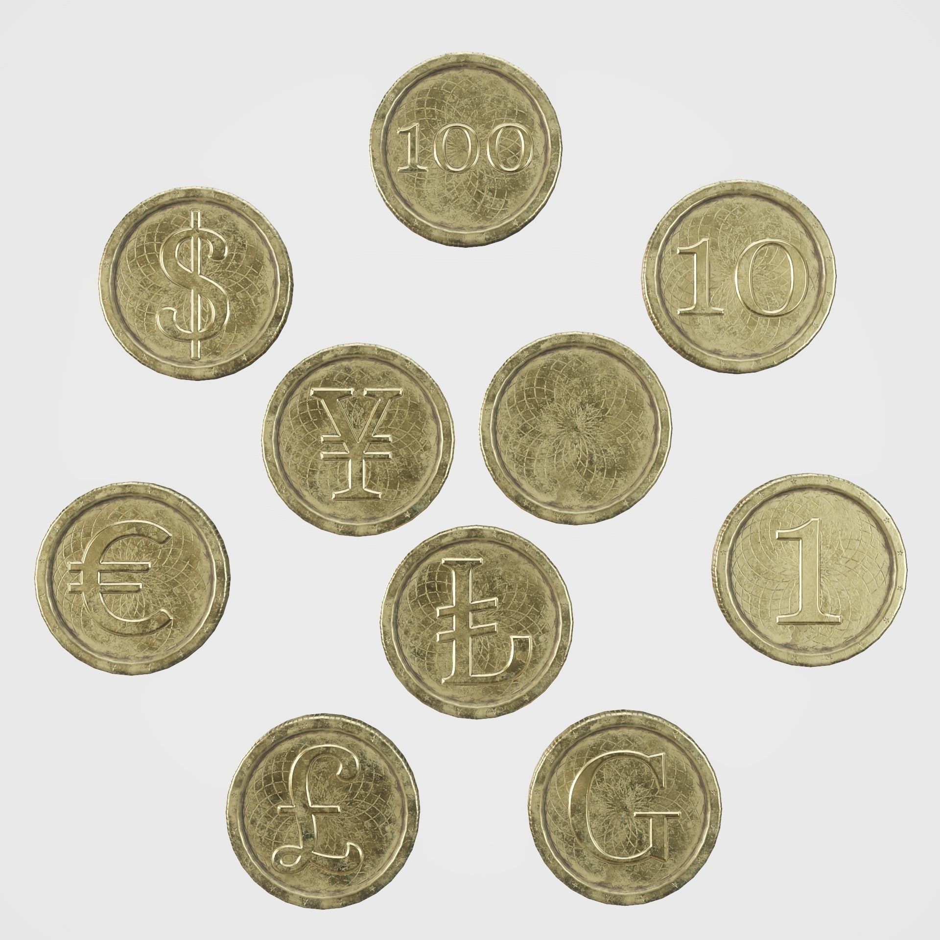 Old Gold Coin with 10 different PBR textures and 3 color Low-poly 3D model_10