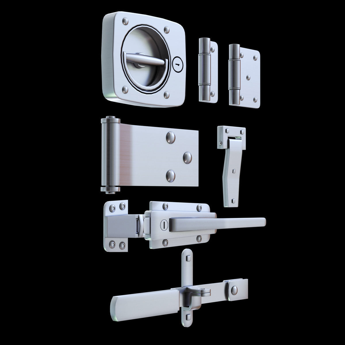 Fittings metal door latches and hinges 3D model_1
