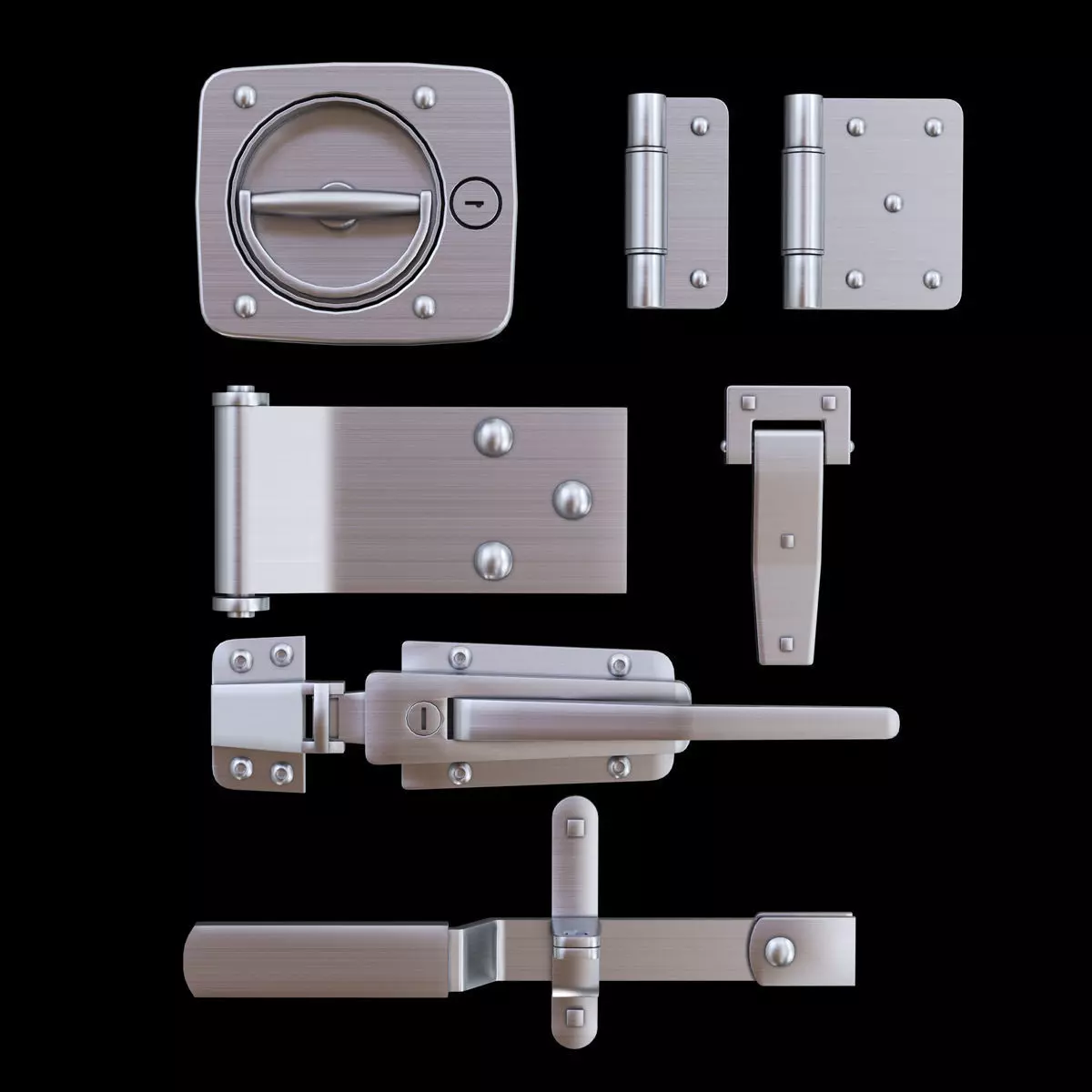 Fittings metal door latches and hinges 3D model_0
