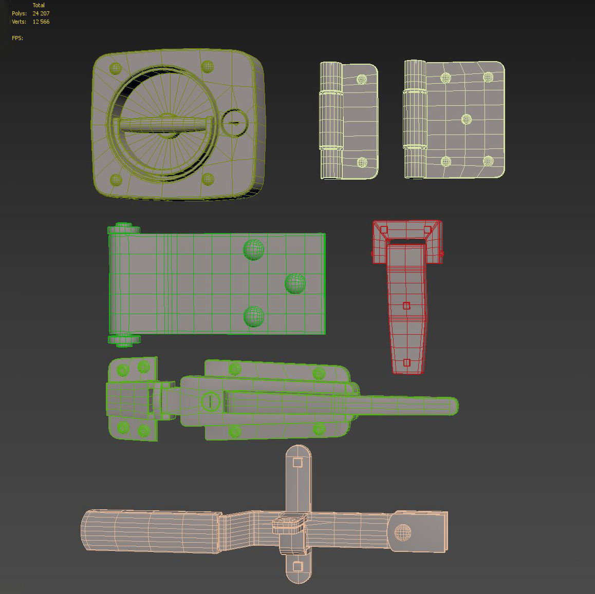 Fittings metal door latches and hinges 3D model_3