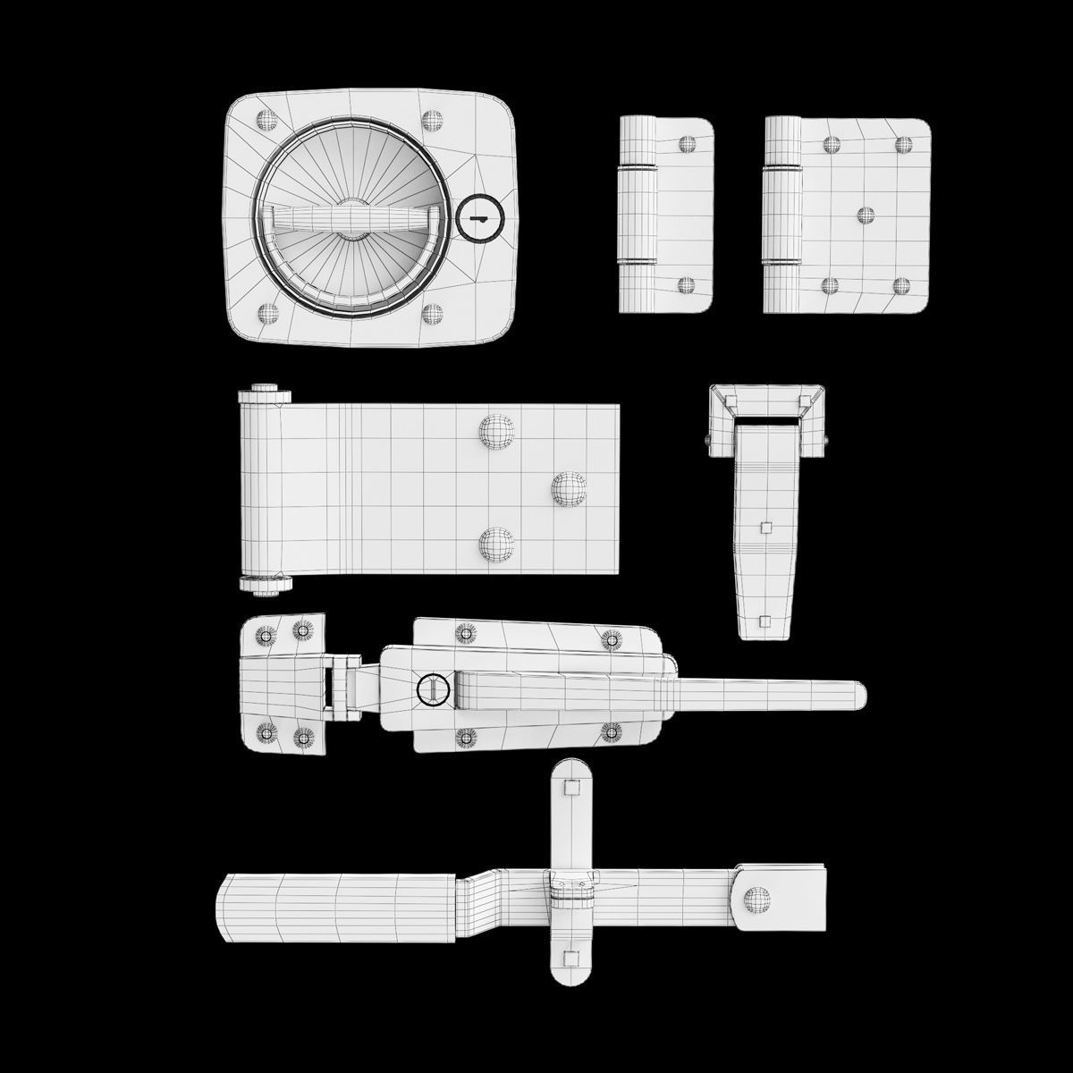 Fittings metal door latches and hinges 3D model_2