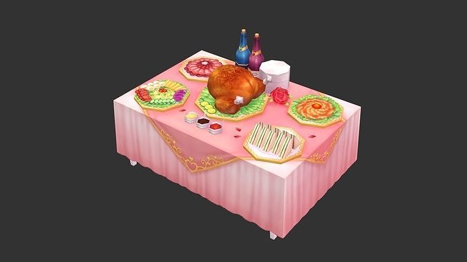 Cartoon Wedding Banquet - Turkey - Wine - Cake - Food Low-poly 3D model