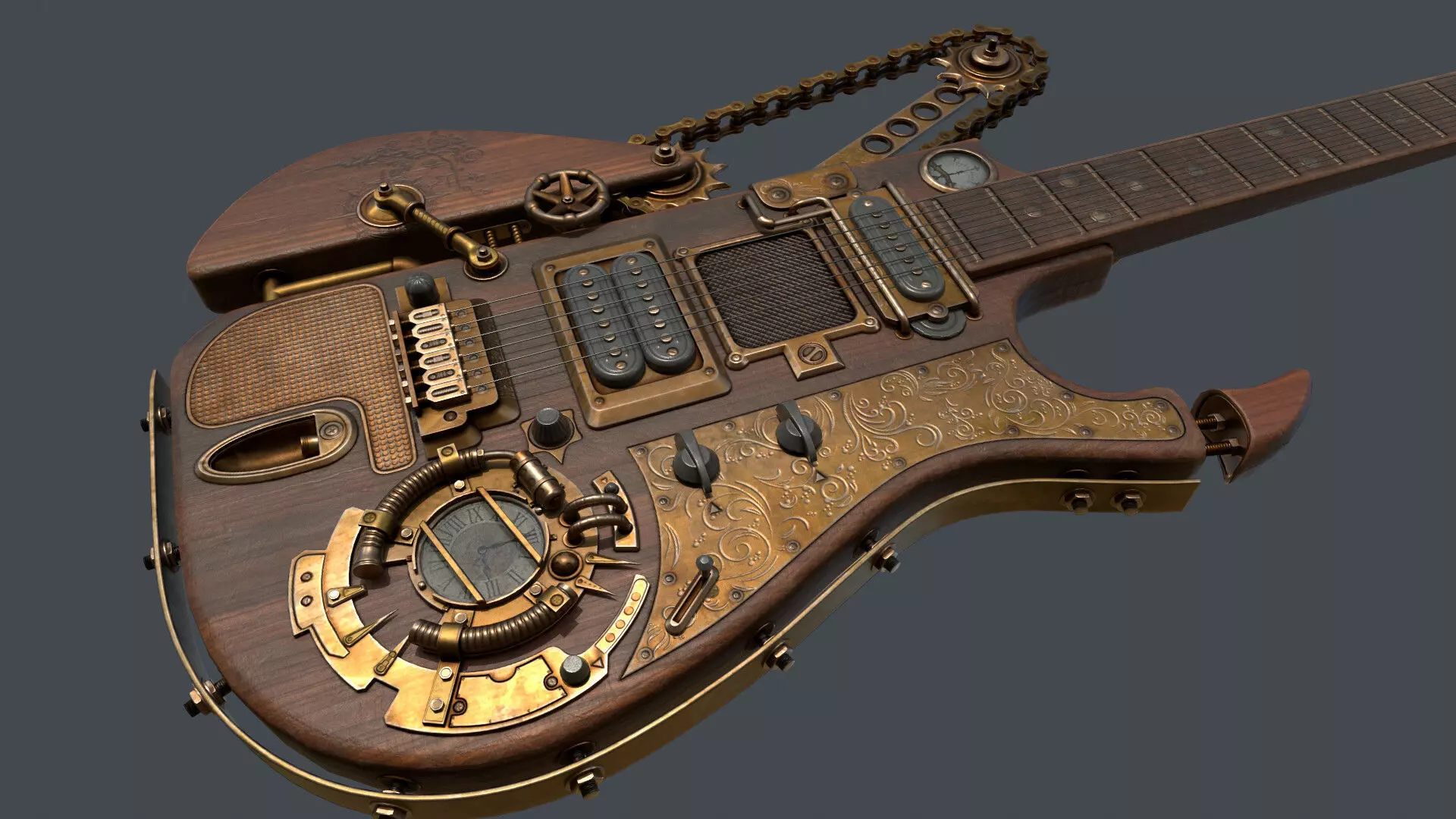 Steampunk guitar Low-poly 3D model_0