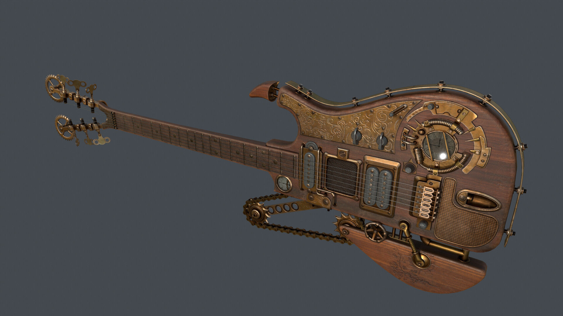 Steampunk guitar Low-poly 3D model_4
