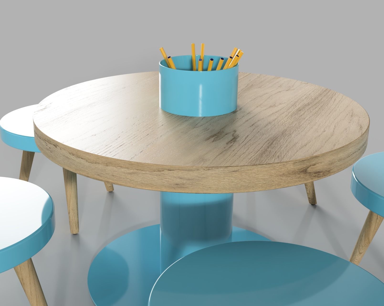 Children Kids drawing table with penholder and chair 3D model_2