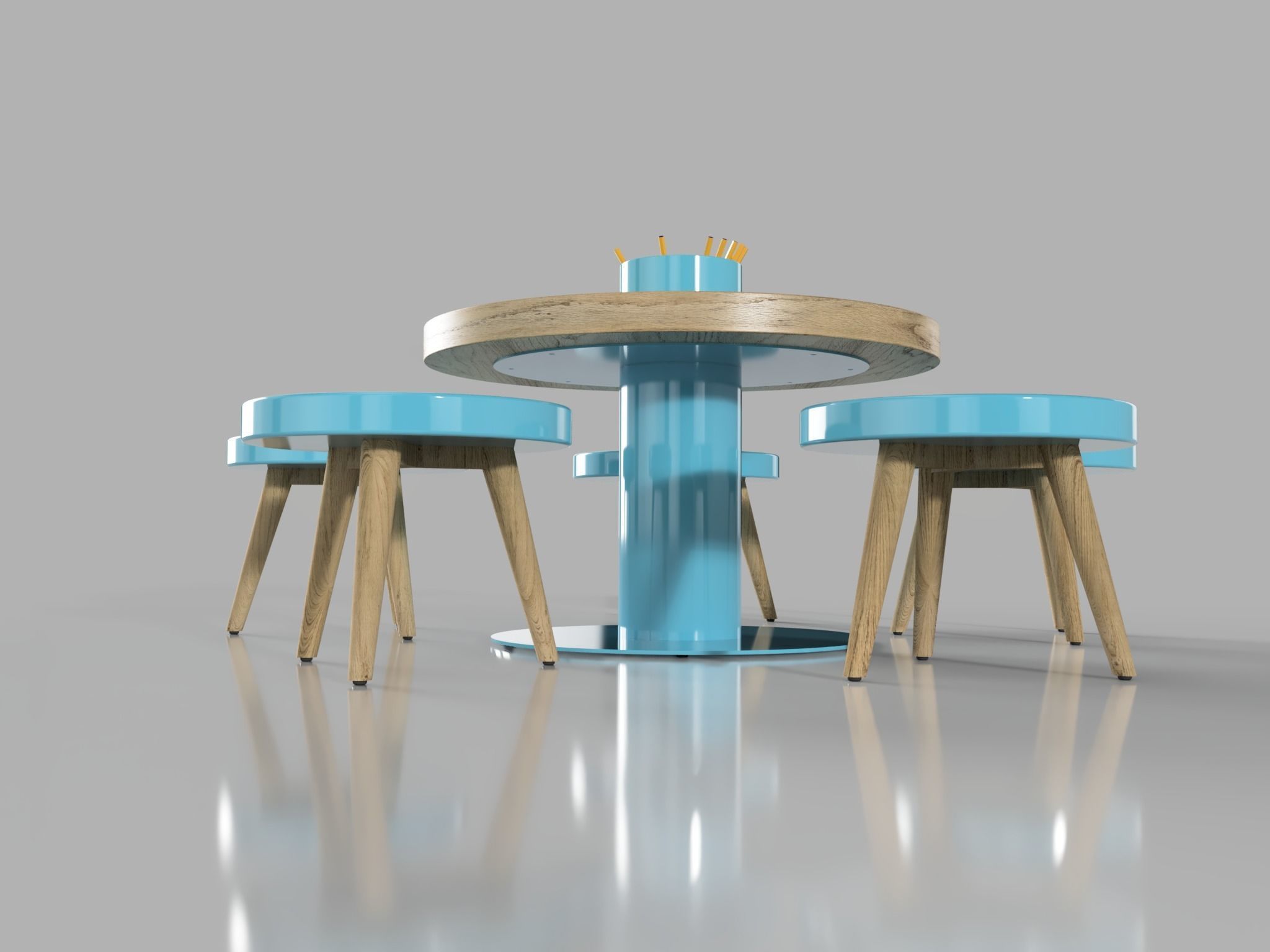 Children Kids drawing table with penholder and chair 3D model_1