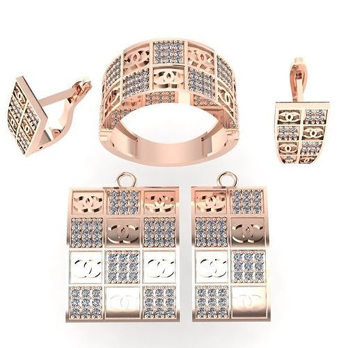 sat 2 rose gold jewelry set with diamonds 3D print model
