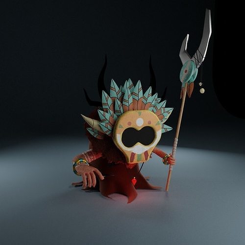 Shaman cartoon character with horns and spear 3D model