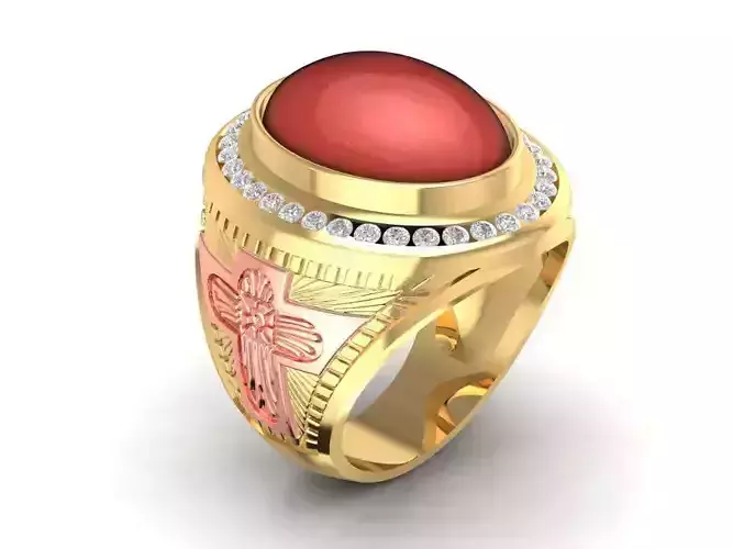 Mens Red Agate Cross Ring 3D Model 641